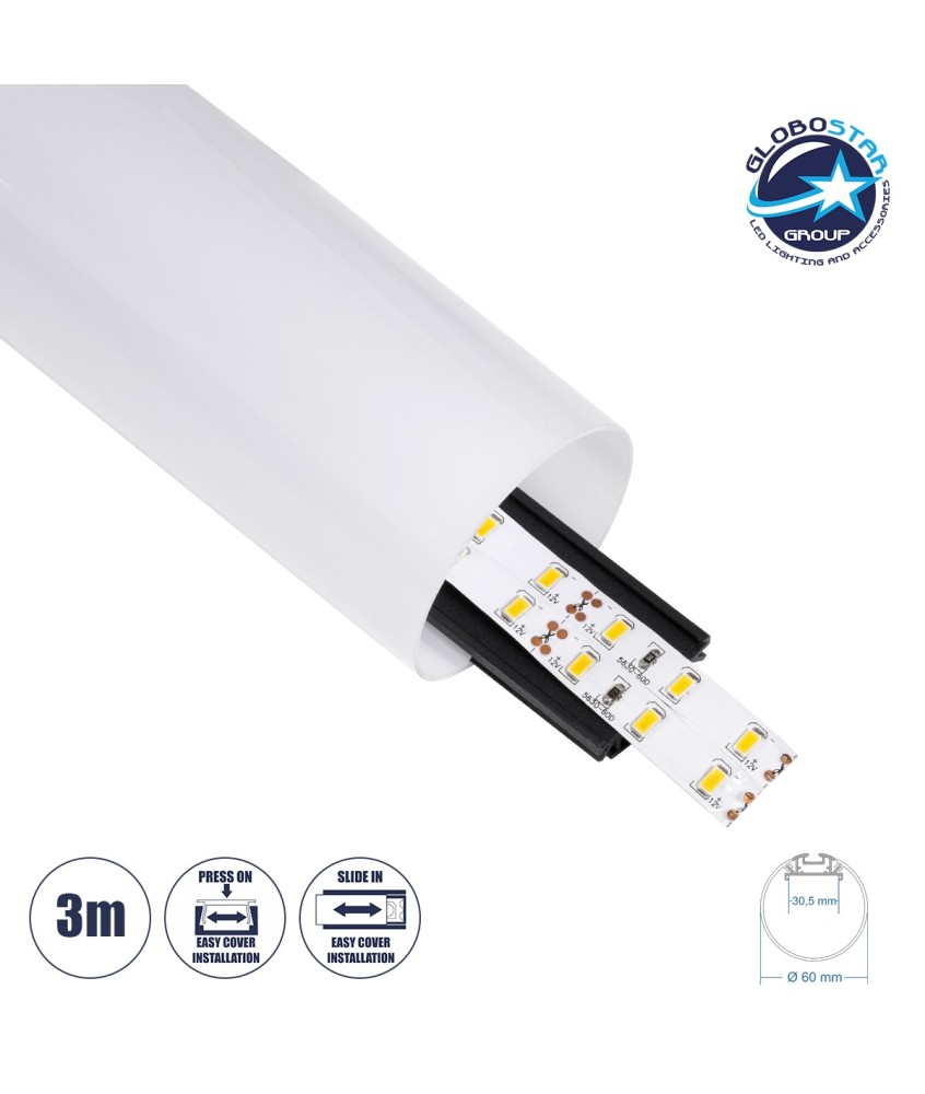 GLOBOSTAR® ALP-ROUND TUBIT 70856-3M Επιφανειακό & Κρεμαστό Προφίλ Αλουμινίου με Λευκό Γαλακτερό Πατητό Κάλυμμα για Ταινίες LED IP20 - Μαύρο & Λευκό - Μ300 x Π6 x Υ6cm